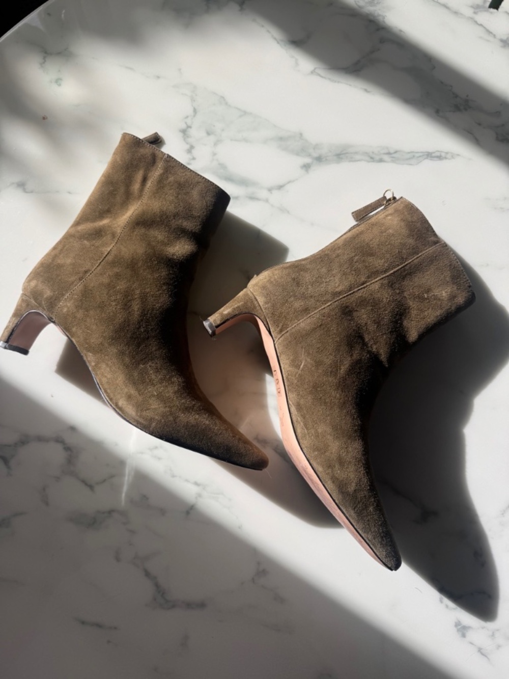 J.Crew Olive Green Suede Pointed Toe Kitten Heel Boots 7.5